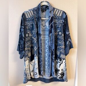 John Mark, Patch Shades of Blue Print Embriodered Open Front 3/4 Sleeve Kimono